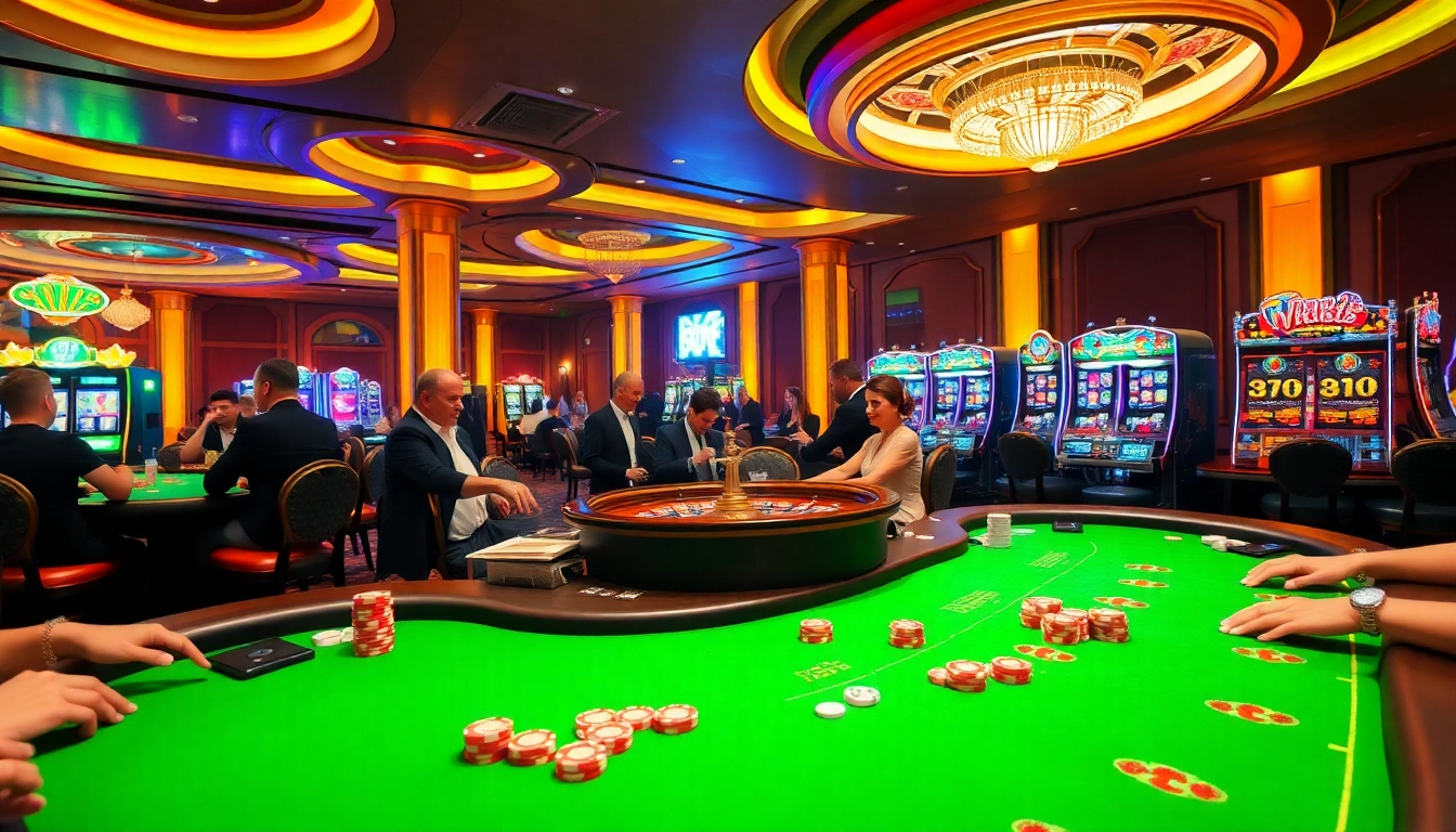 Players enjoying a thrilling game at https://lc88.bio/ casino with vibrant tables and slot machines.
