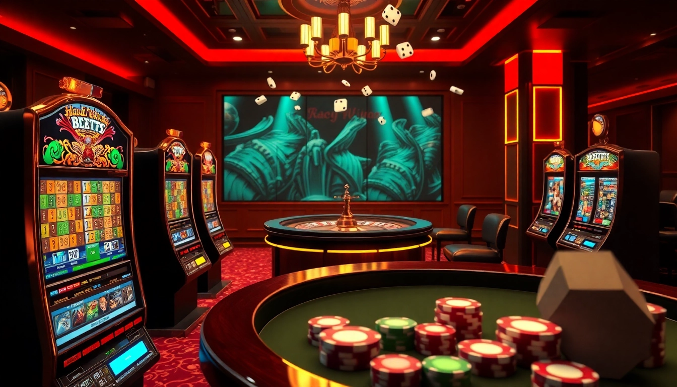 Permainan ARAHTOGEL di kasino dengan mesin slot dan meja roulette yang menonjol.
