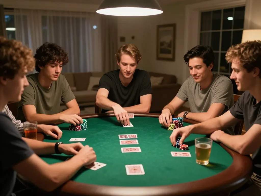 IWIN68 CLUB players engaging in lively poker game at home, showcasing colorful chips and cards in action.