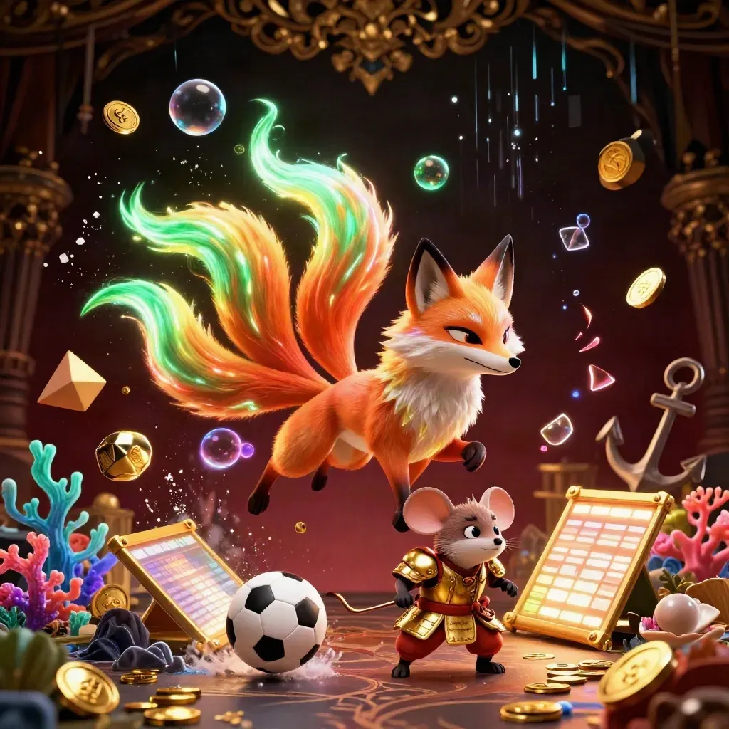 Neon fox spirit and armored mouse amid casino treasure, sports balls, and glowing underwater effects