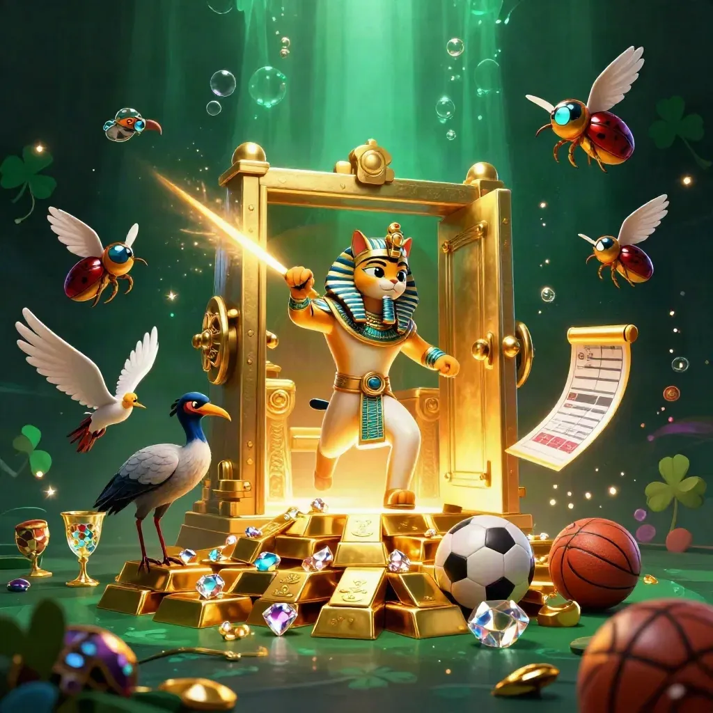 Pharaoh cat, ibis, and gem-wing scarabs amid gold, gems, balls, and vault light