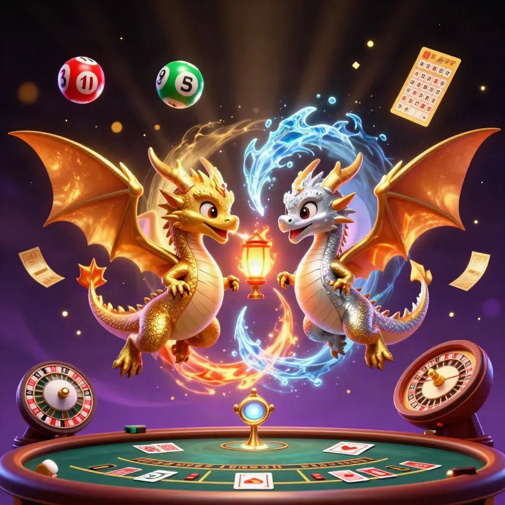 Gold and silver dragons spiral in fire and ice above casino lights, balls, wheel, and cards.