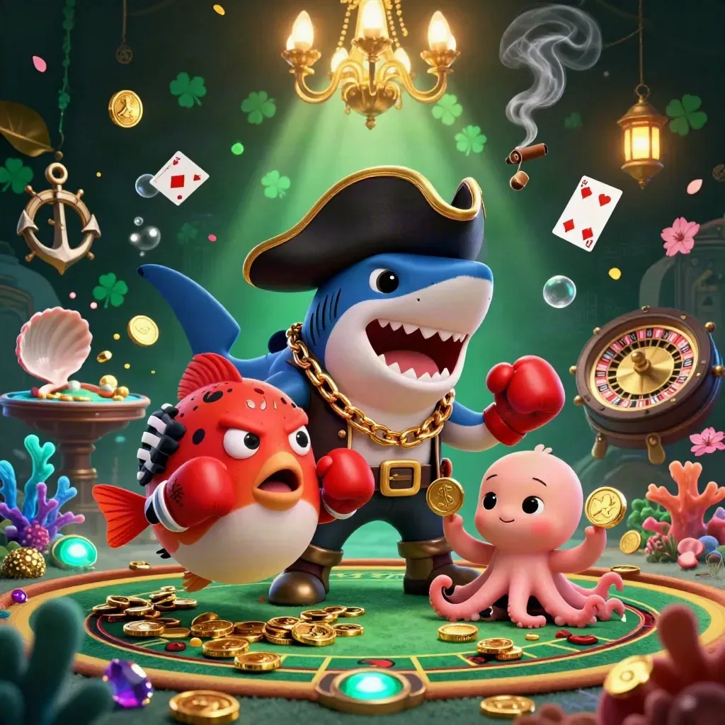 Pirate shark, boxing pufferfish, and coin-juggling octopus in a gold-lit treasure cove.