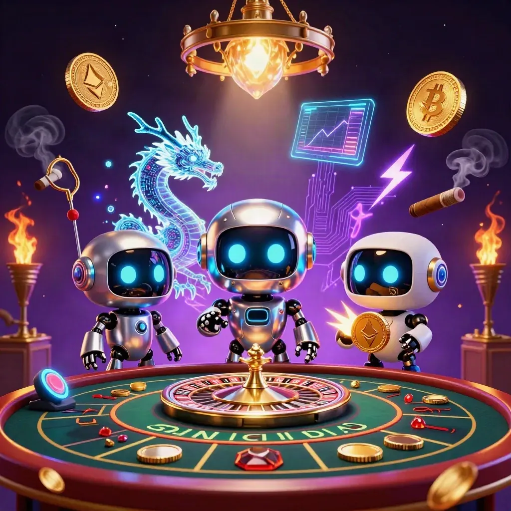 Robot mascot, holographic dragon, and coin drone in a luxe casino scene with glowing crypto effects.