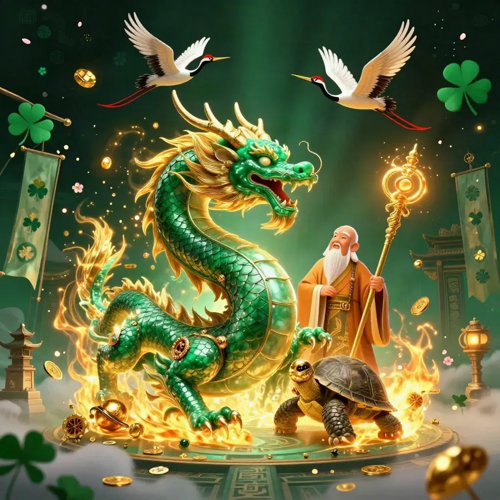 Emerald dragon, turtle sage, and cranes amid gold fire, coins, petals, and temple ruins.
