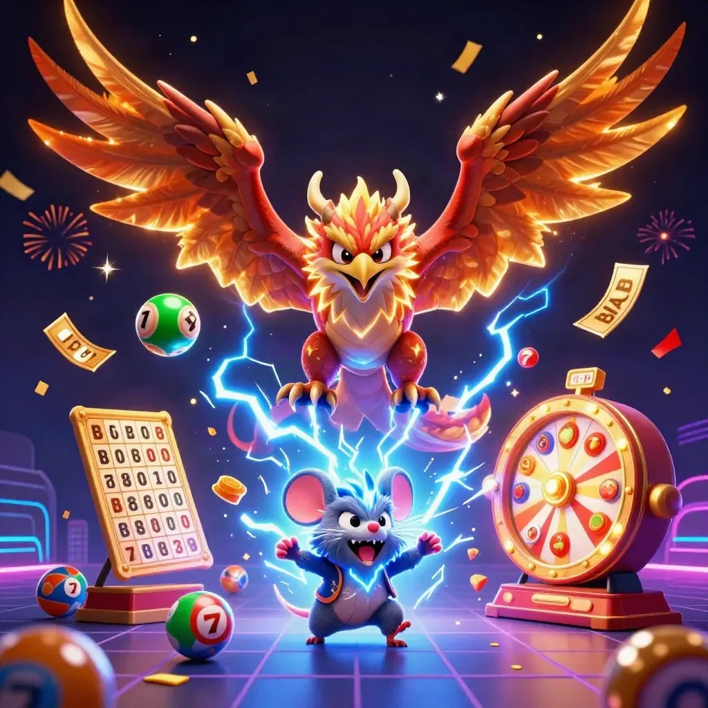 Thunder dragon, wind hawk, and static mouse amid jackpot swirls, lottery balls, and neon casino sparks.