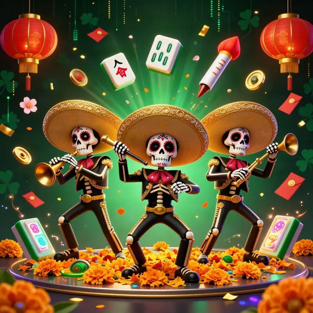 Three skeleton mariachi performers amid lanterns, coins, petals, and neon energy on a dark emerald casino background.