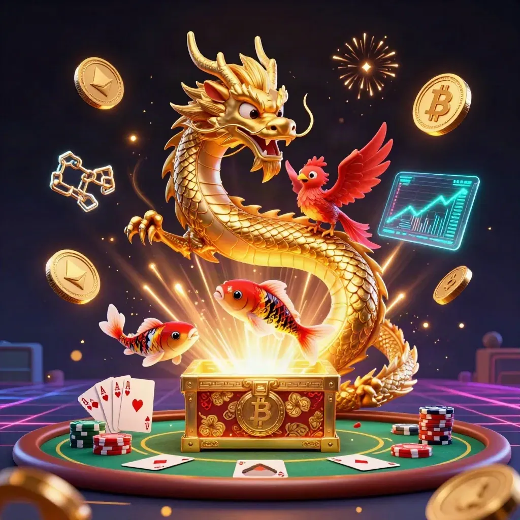 Golden dragon, phoenix, koi, poker chips, and crypto coins burst from a treasure chest in neon casino light.