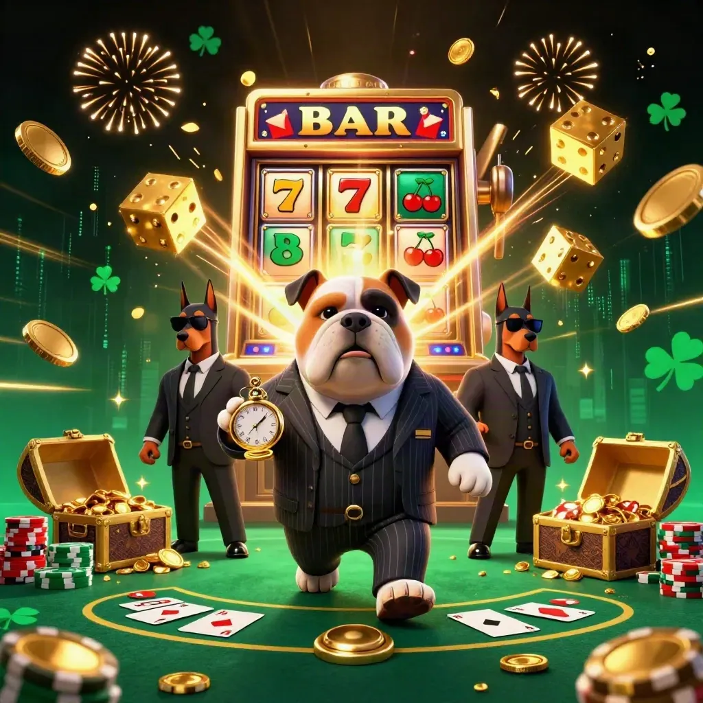 Bulldog mob boss with Dobermans amid slot bursts, coins, poker table, and treasure in neon gold.