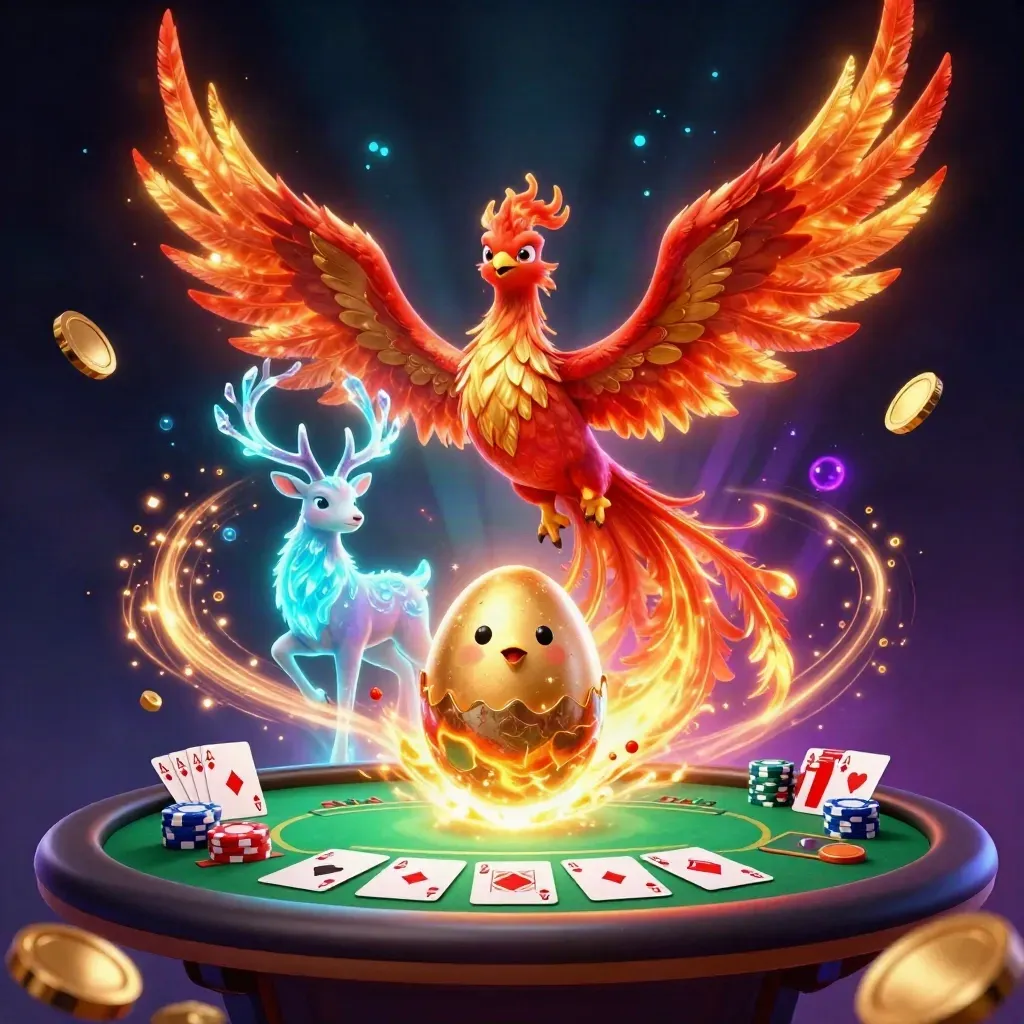 Phoenix, baby phoenix, and crystal stag burst amid poker chips, aces, and gold coins