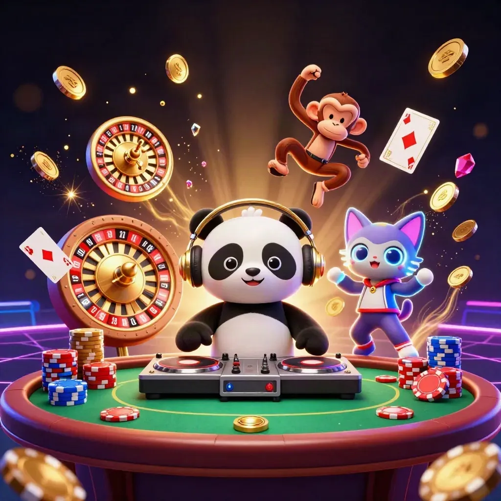 Panda DJ, dancing monkey, and glow-stick kitten amid coins, chips, cards, and jackpot sparks.