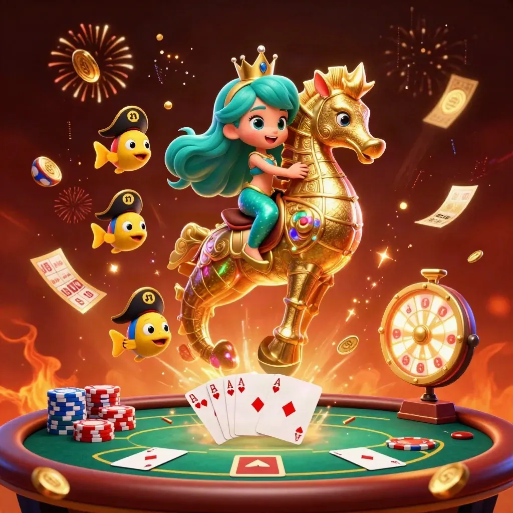 Mermaid princess rides armored seahorse amid poker chips, coins, fireworks, and casino treasure