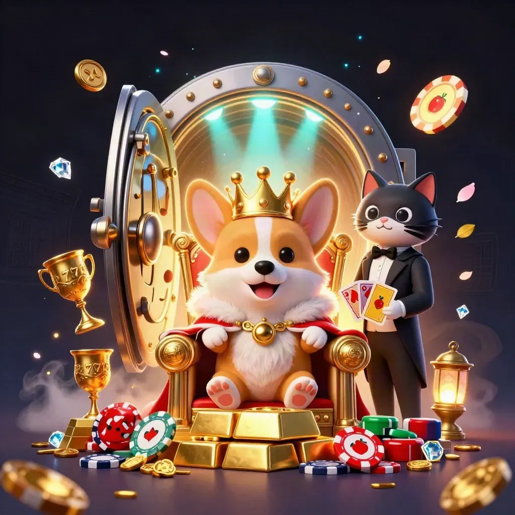 Royal corgi and cat butler on poker chips before a bursting vault, with gold and jade casino magic.