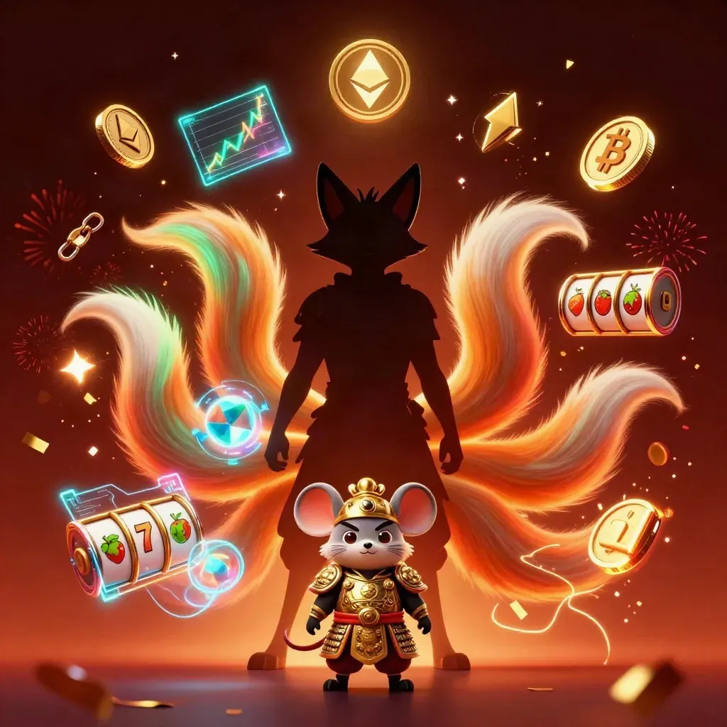 Neon fox spirit and samurai mouse with poker coins, jackpots, and casino effects