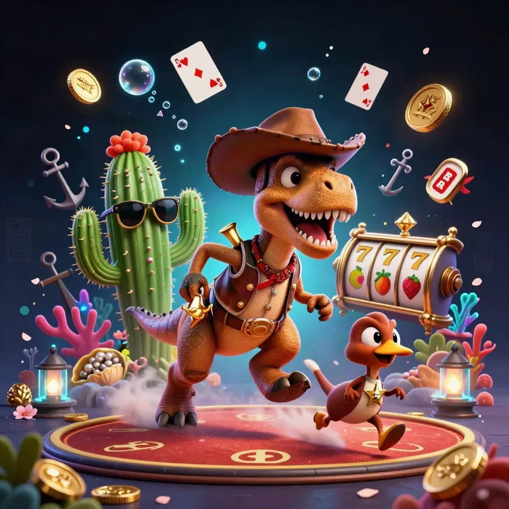 Cowboy T-Rex, cactus sidekick, and roadrunner amid gold coins, cards, and neon casino effects.
