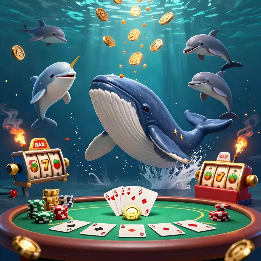 Whale captain with narwhal, dolphins, chips, cards, and slot reels in glowing underwater casino art.