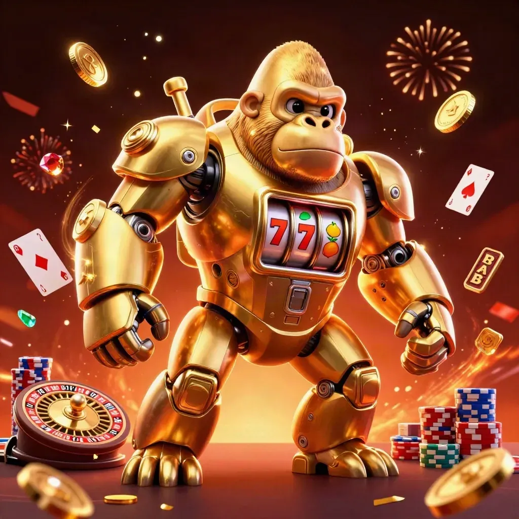 Golden gorilla mech poker hero with coins, chips, cards, roulette wheel, and fireworks