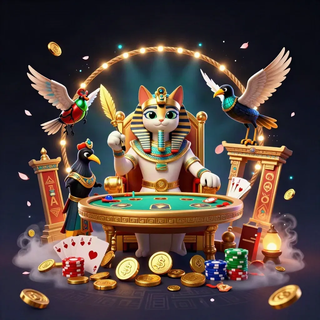 Pharaoh cat and ibis scribe on a golden throne amid poker chips, coins, and neon casino magic.