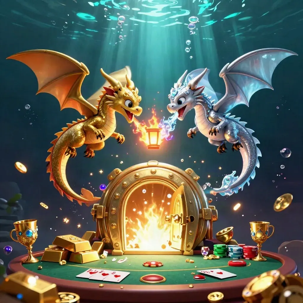 Twin gold and silver dragons spiral around a glowing vault, poker chips, gems, and underwater light.