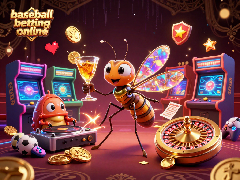 Engage in baseball betting online with a vibrant 3D casino illustration featuring a unique mosquito mascot.