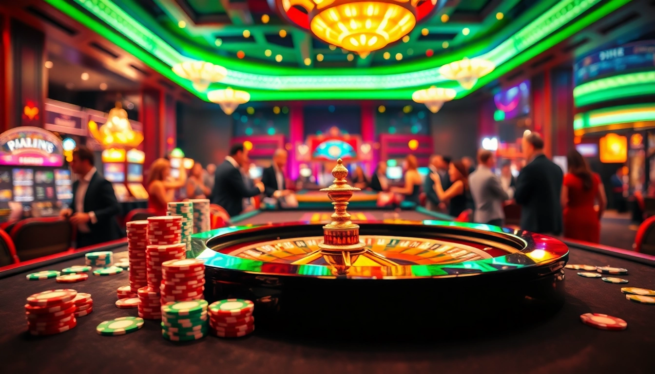 Bermain arushoki di ruang kasino dengan meja roulette dan suasana meriah yang penuh warna.