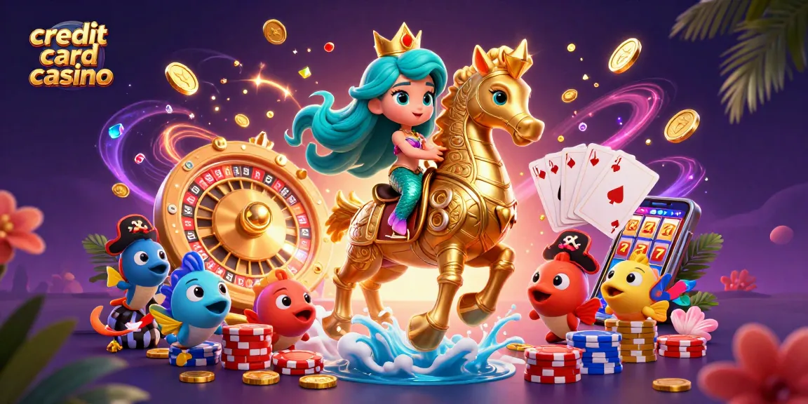 Experience the thrill of a credit card casino with a mermaid princess and seahorse, surrounded by gaming rewards.