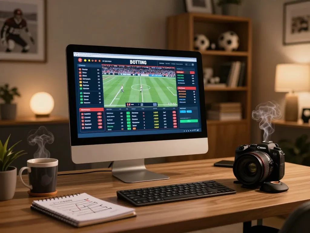 F8BET user placing bets on sports events in a cozy home office environment