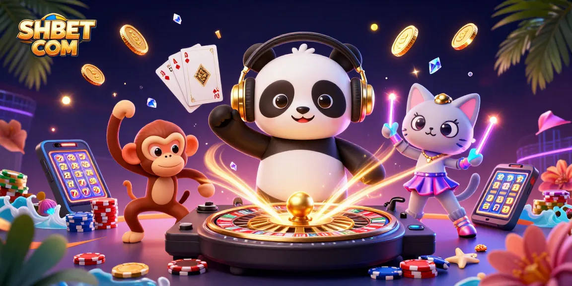 Join the fun at SHBET COM with a lively scene of a DJ panda, dancing monkey, and rave kitten celebrating casino thrills.