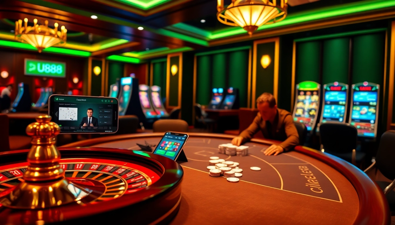 Players engaging in thrilling bets on U888's online platform in a luxurious casino setting.