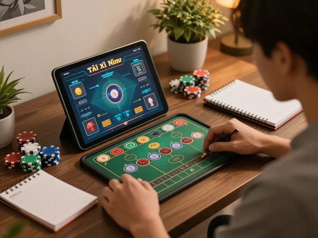 Tài Xỉu online gaming session with players engaged in strategic betting and colorful chips.