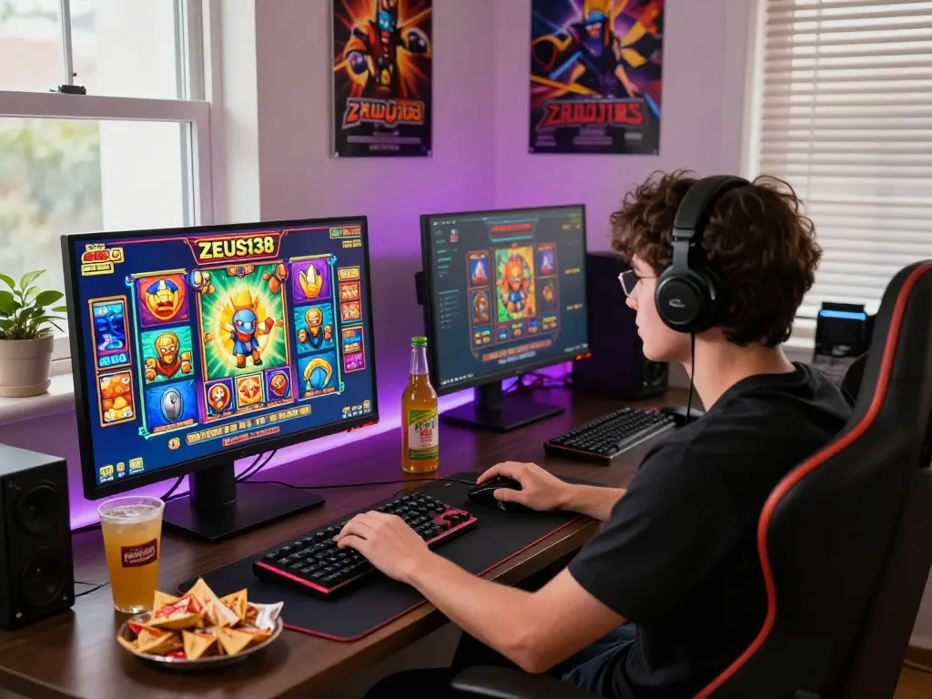 Exciting gaming moment with Zeus138 slot games on high-res monitor, vibrant colors, and cozy setup.