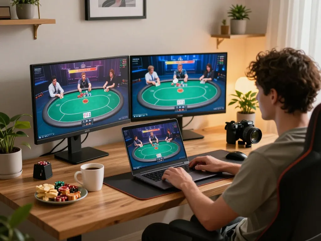 Player engaging in a poker game at home, highlighting the cổng game go88 for immersive online gaming.
