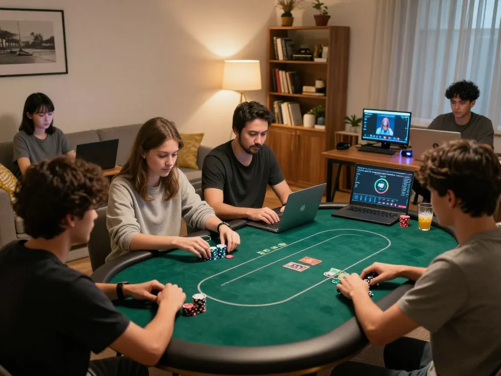Engaging poker gameplay on a laptop in a cozy home setup, highlighting the strategic action of ok8386a.