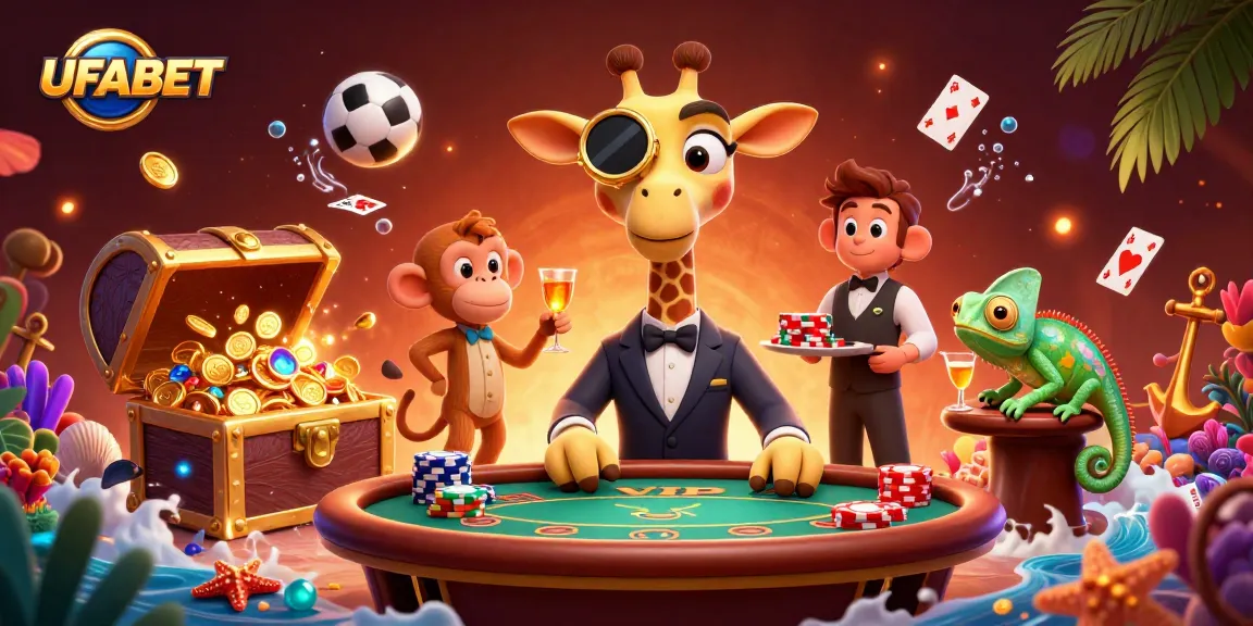 Bet on UFABET with a vibrant 3D casino illustration featuring a high-roller giraffe, chip trays, and cocktail mix.