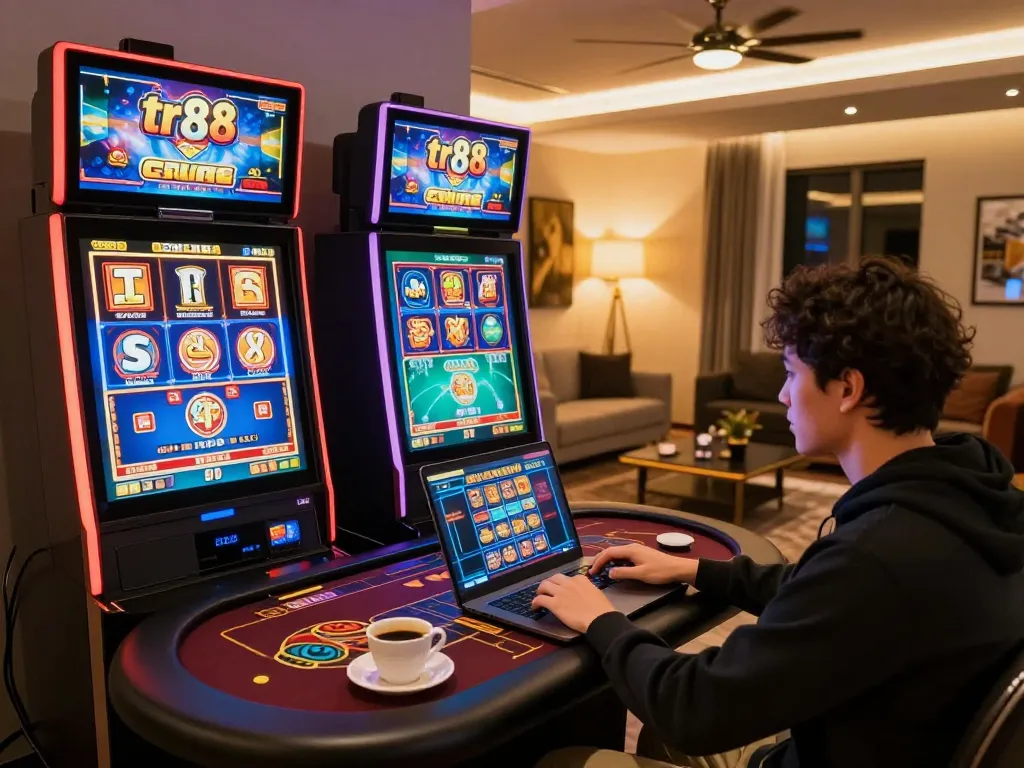 Player engaging with tr88 online casino games on a laptop in a cozy home setting