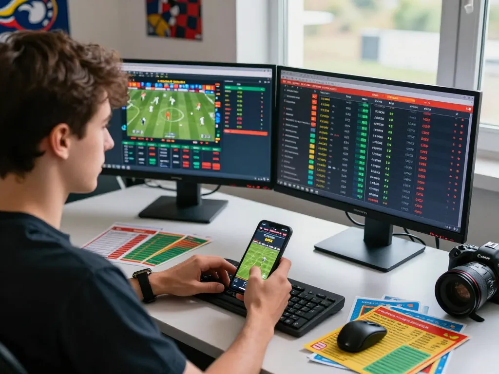 Pengaturan taruhan olahraga yang menarik dengan sbobet90, menampilkan monitor yang menampilkan odds waktu nyata