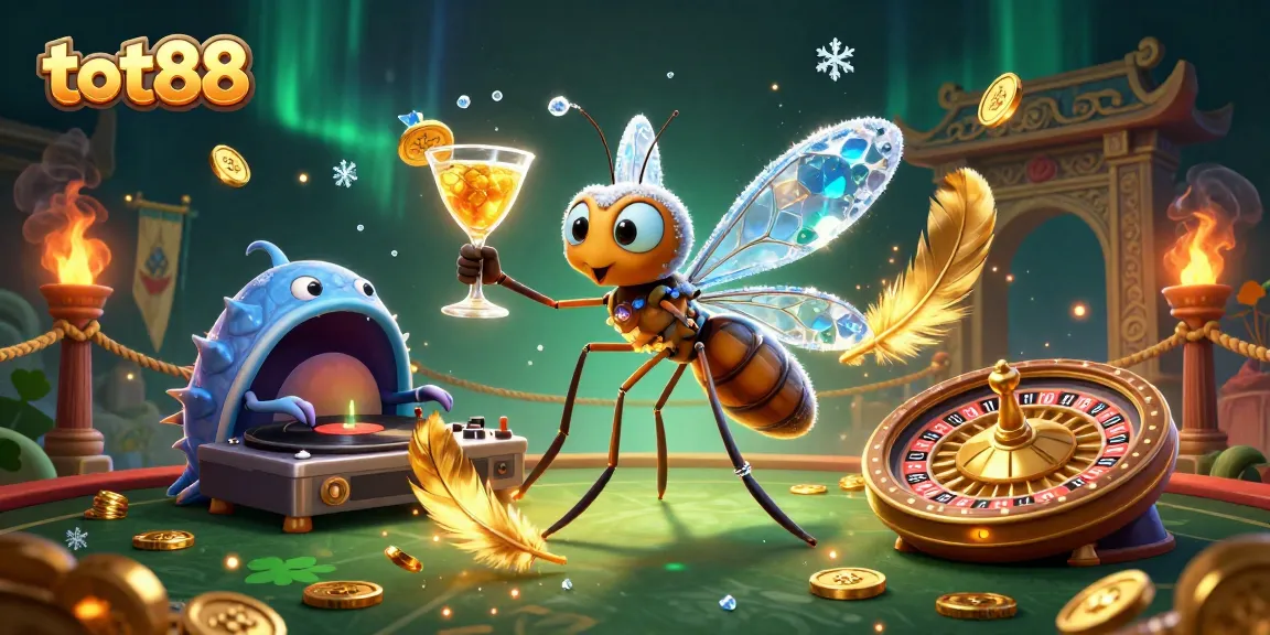 Experience the thrill with tot88 as a frozen-in-amber mosquito casino mascot in a vibrant 3D scene.