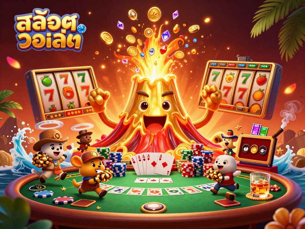 Engage in thrilling gameplay with สล็อตวอเลท as the golden volcano erupts coins and gems, showcasing dynamic casino action.