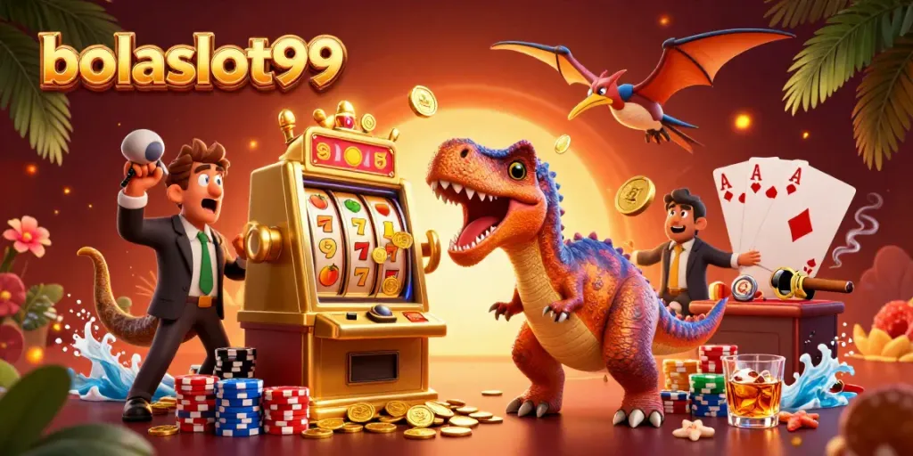 Experience jackpots at bolaslot99 with a dynamic cartoon scene featuring a pachycephalosaurus and vivid casino elements.