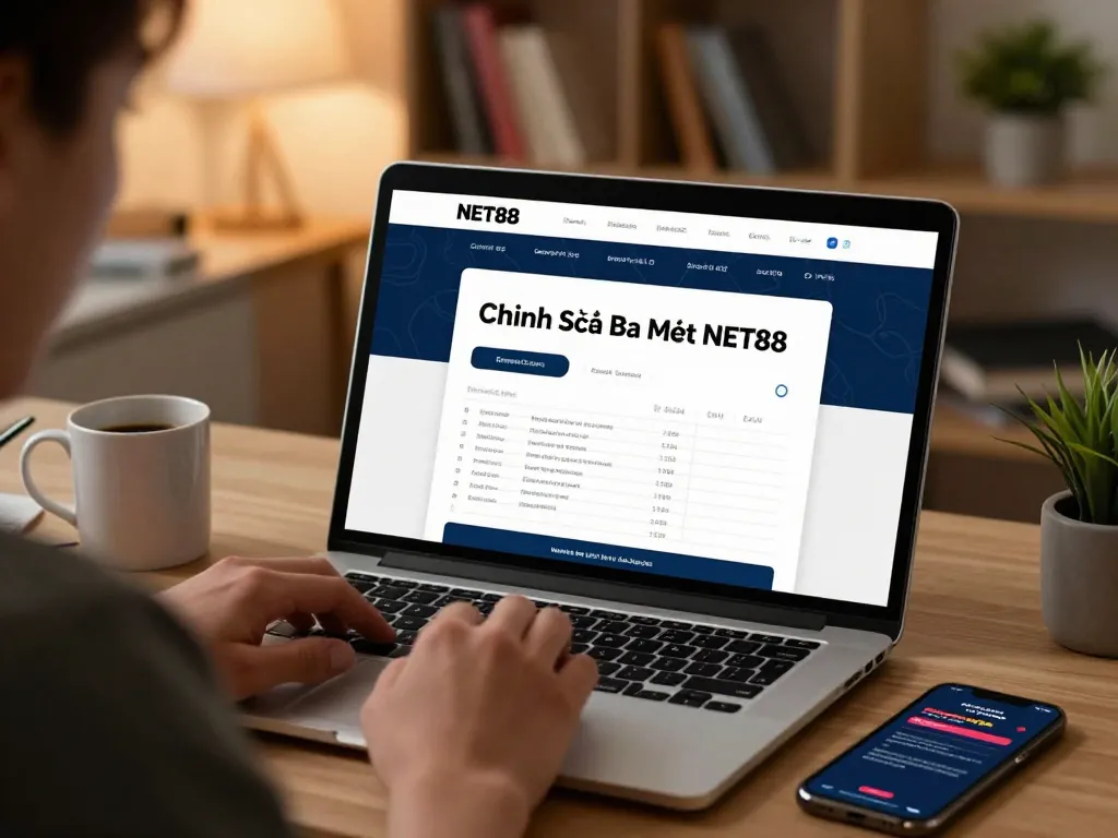 Reading Chính Sách Bảo Mật NET88 on a laptop, emphasizing responsible gambling practices.