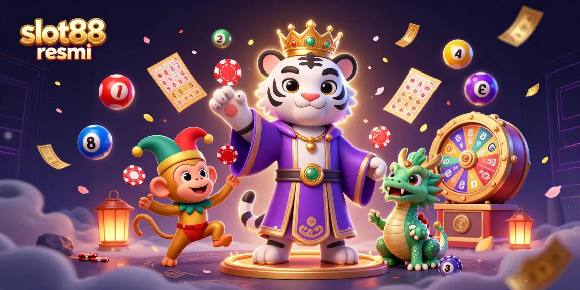 Experience the excitement of slot88 resmi with a vibrant, dynamic casino illustration featuring game elements.