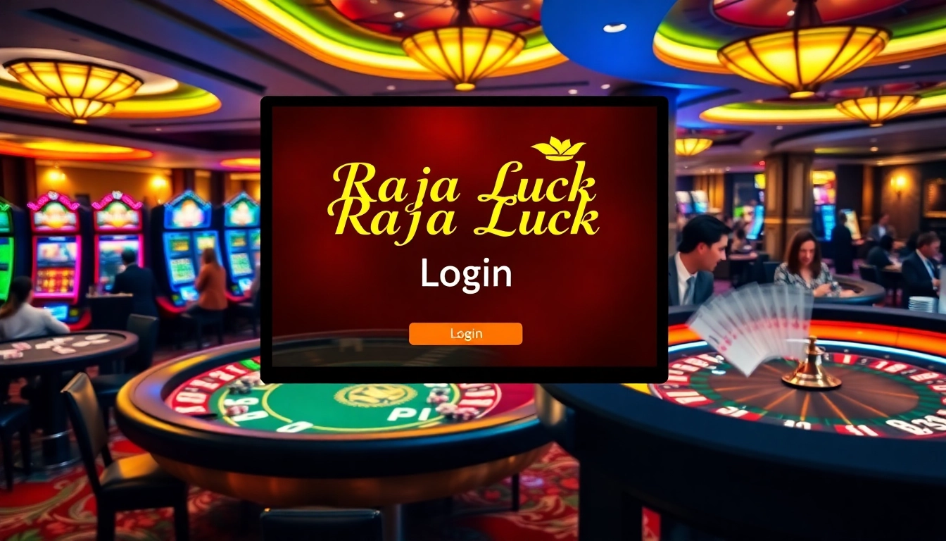 raja luck login interface with vibrant casino tables, colorful slot machines, and engaging players.
