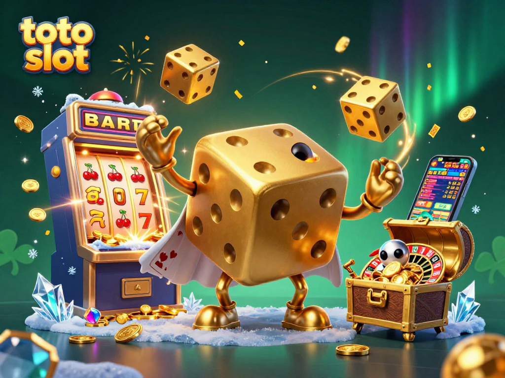 Play exciting toto slot games with large jackpots illustrated by golden dice and vibrant casino elements.