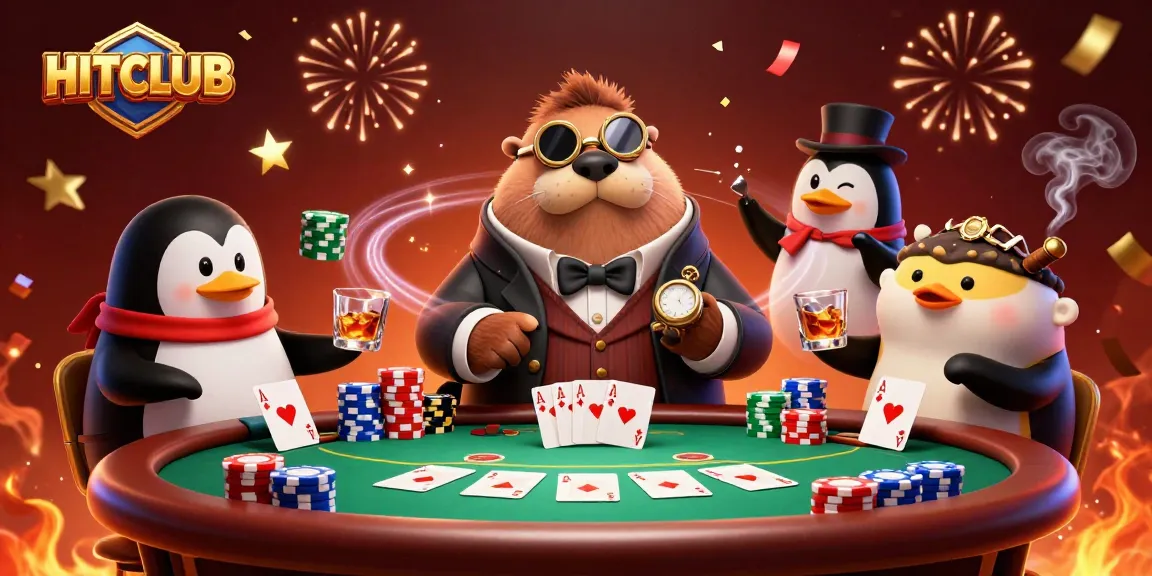 Playing at HITCLUB's underwater poker table with a walrus, penguin dealer, and pufferfish bluffing.