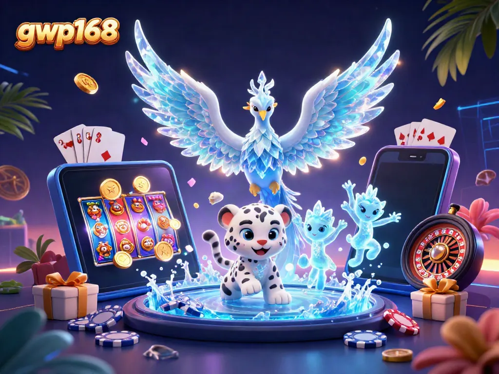 GWP168 menampilkan simbol slot dan karakter kasino yang menarik dalam ilustrasi 3D.