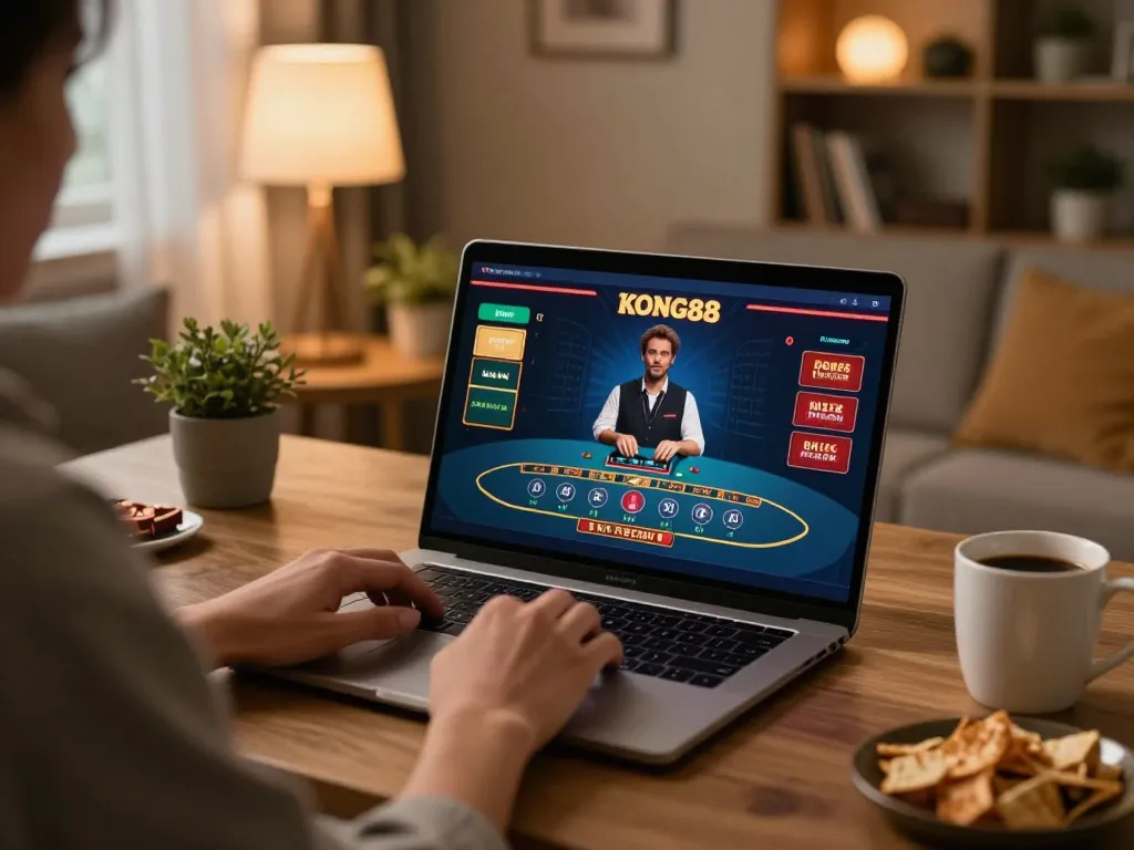 KONG88 user placing bets on live dealer blackjack in a cozy home gaming setup.