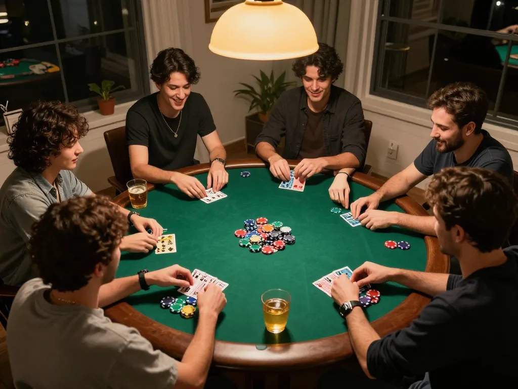 Suasana malam poker di rumah yang menarik menunjukkan pemain dalam aksi untuk kenzototo login