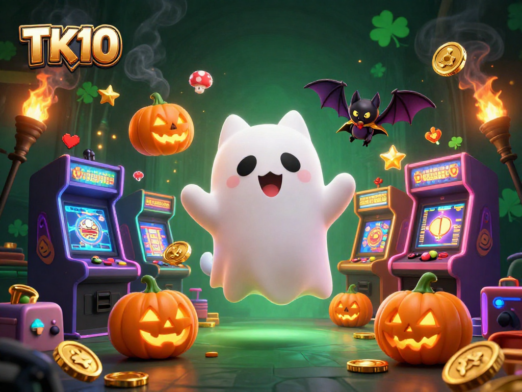 Play engaging games at TK10 while interacting with ghostly characters in a vibrant casino.
