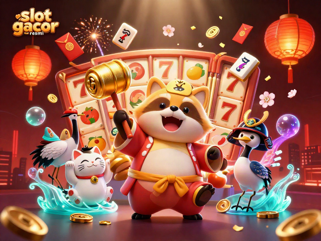 Spin to win with slot gacor resmi surrounded by vibrant characters and festive elements for an engaging experience.