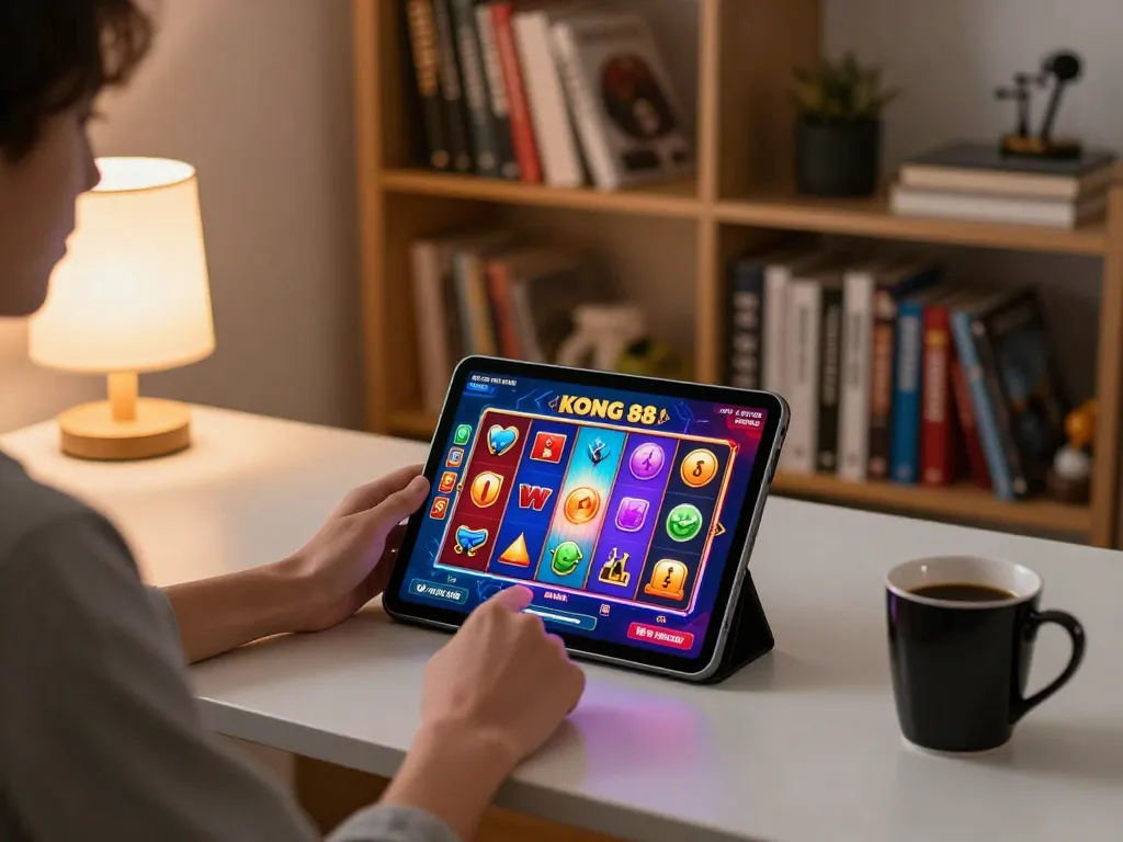 KONG 88 online gaming action with a player engaged on tablet showing vivid slots in a cozy home office.